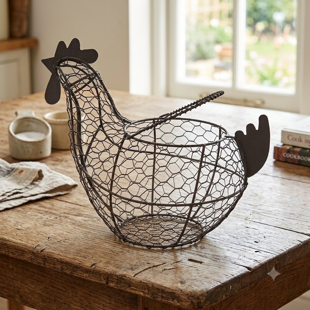Rustic Brown Wire Chicken Egg Basket Farmhouse Kitchen Decor Hen Shape